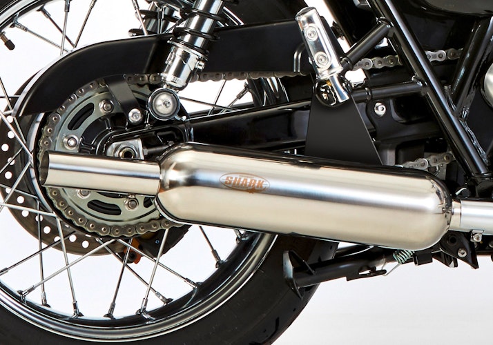 SHARK KOMPLETTANLAGE Edelstahl hochglanzpoliert silber Retro Classic mit Kat für TRIUMPH Bonneville,Bonneville T100,Thruxton   