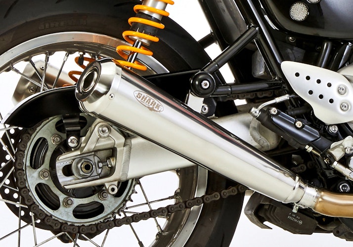 SHARK SLIP-ON Edelstahl hochglanzpoliert silber Retro für TRIUMPH Thruxton   