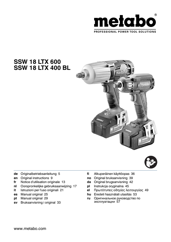 Bedienungsanleitung fÃ¼r Metabo Akku-Schlagschrauber SSW 18 LTX 400 BL